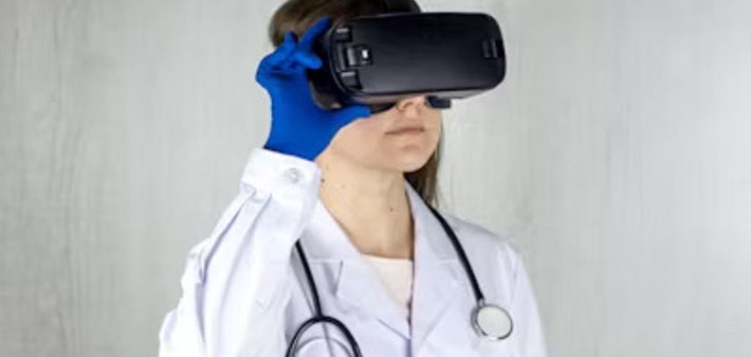Virtual reality headset being used in a healthcare setting